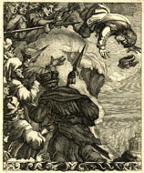 Aesop flung over a precipice; etching by Thomas Dudley, illustrating the
                    second edition of Barlow's Aesop 
