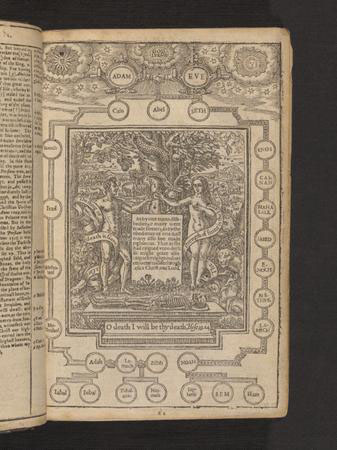 An illustration from the 8o version of John Speed’s The Genealogies Recorded
                    in the Sacred Scriptures (1611 et seq.). This copy, from an edition of c. 1612,
                    is from the National Art Library. © The Victoria and Albert Museum.
